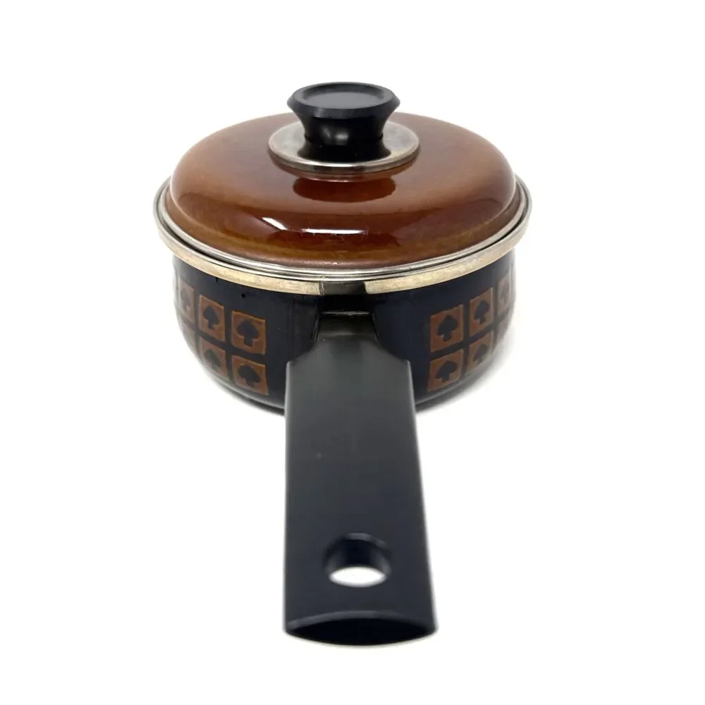 VTG West Bend Le Provencal Enamelware 1.5 Qt Sauce Pan Lid Brown Spade Mushroom